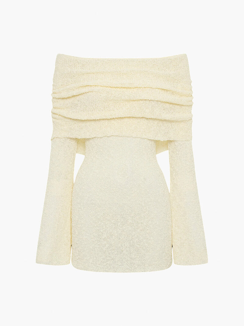 Fitted Knit Off Shoulder Long Sleeve Bouclé Mini Dress
