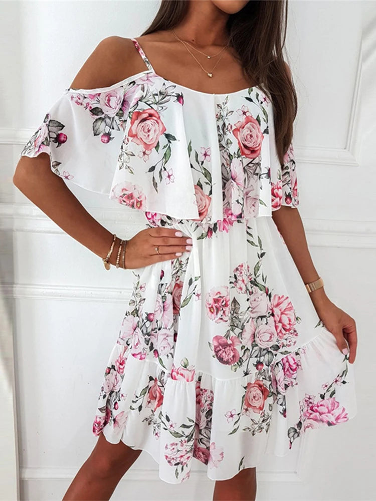 Floral Chiffon Mini Dress – Elegant Off-Shoulder Summer Look — back view