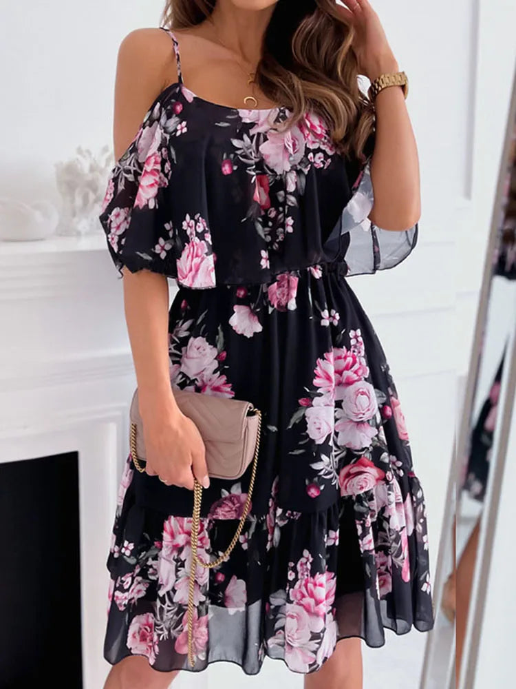 Floral Chiffon Mini Dress – Elegant Off-Shoulder Summer Look — close-up