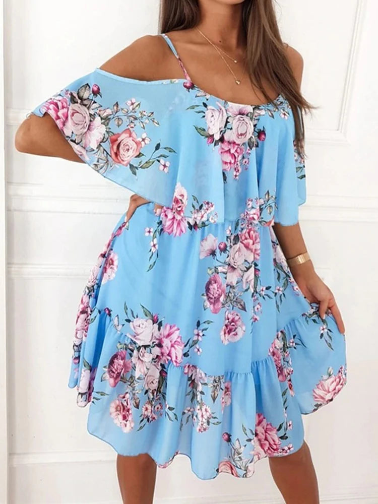 Floral Chiffon Mini Dress – Elegant Off-Shoulder Summer Look — detail view