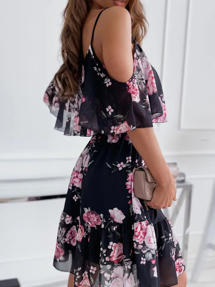 Floral Chiffon Mini Dress – Elegant Off-Shoulder Summer Look — model wearing