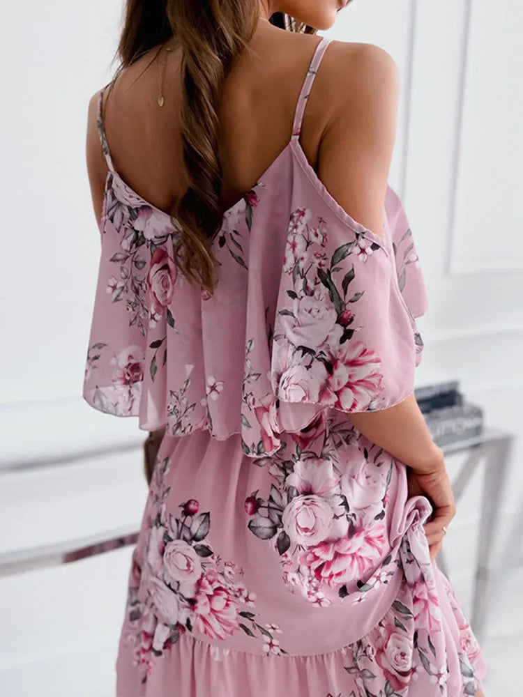 Floral Chiffon Mini Dress – Elegant Off-Shoulder Summer Look — side view