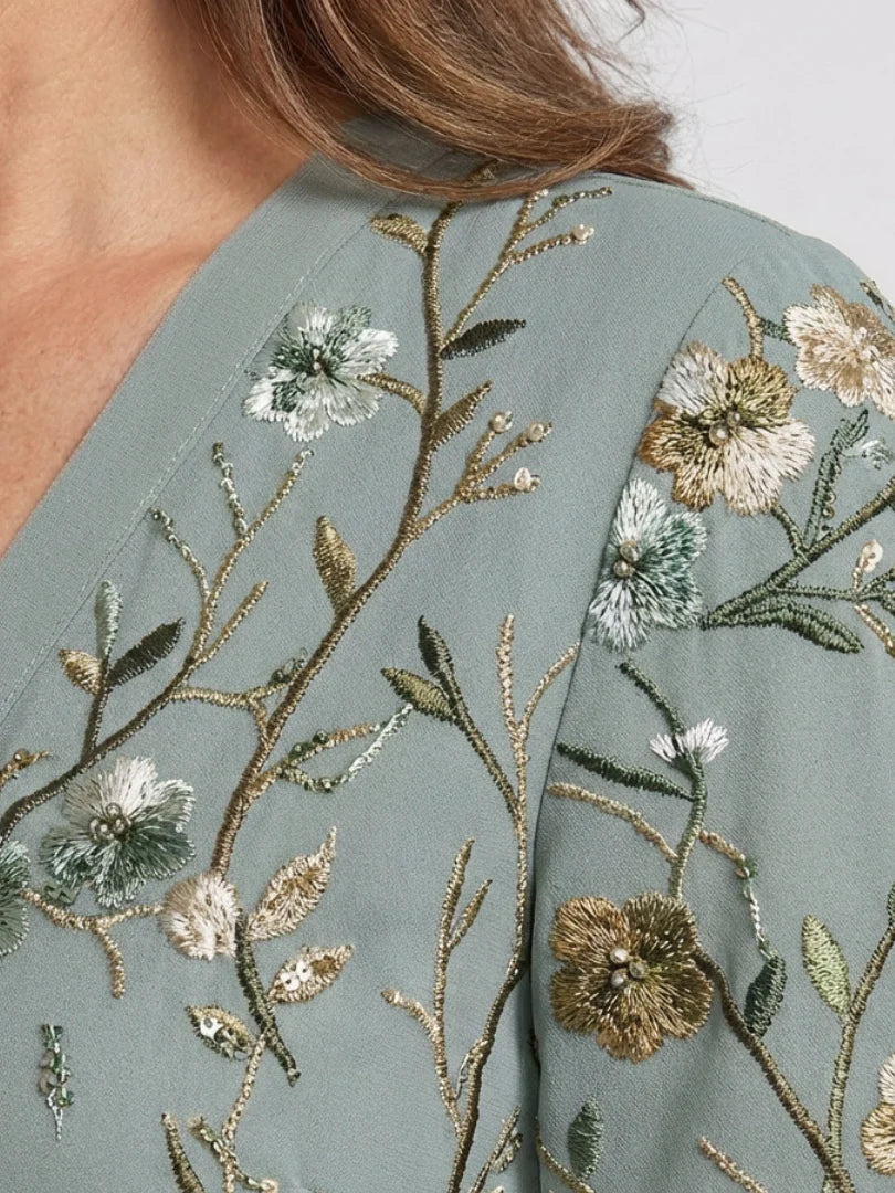 Floral Embroidered V-Neck Maxi Dress with Gold Detail - Summer Wedding Guest Dress — alternative angle