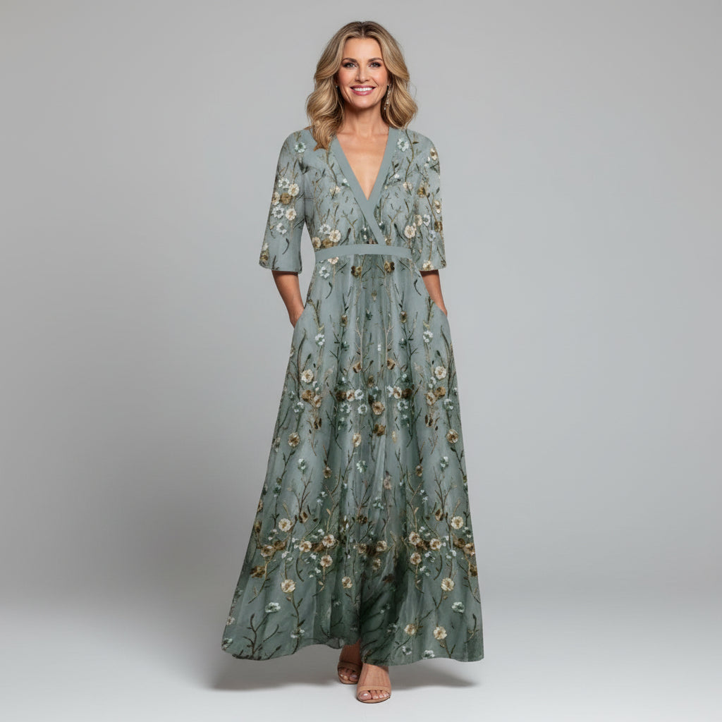 Floral Embroidered V-Neck Maxi Dress with Gold Detail - Summer Wedding Guest Dress — back view