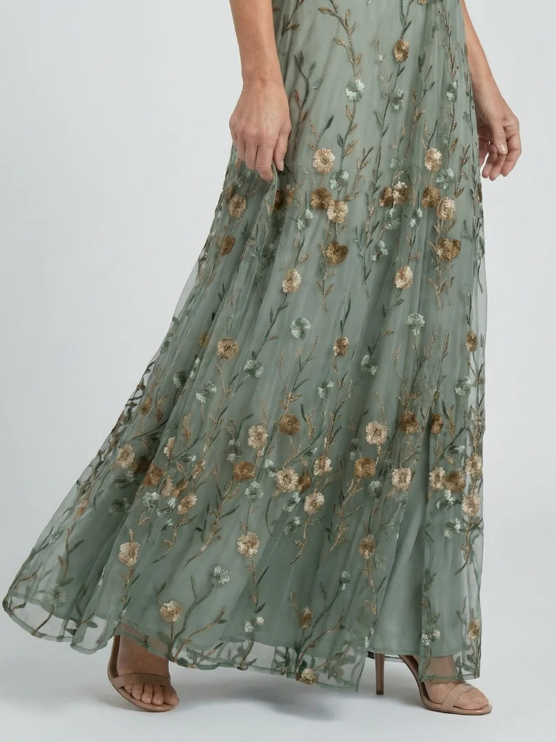 Floral Embroidered V-Neck Maxi Dress with Gold Detail - Summer Wedding Guest Dress — close-up