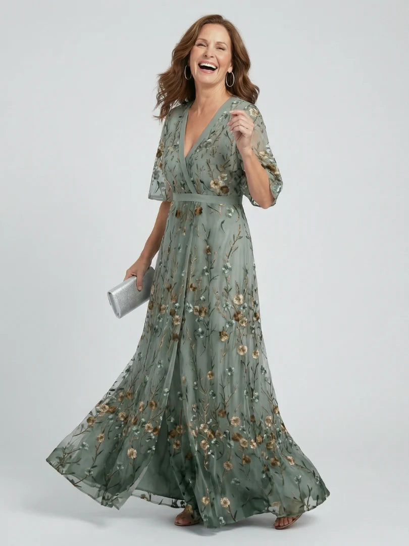 Floral Embroidered V-Neck Maxi Dress with Gold Detail - Summer Wedding Guest Dress — detail view