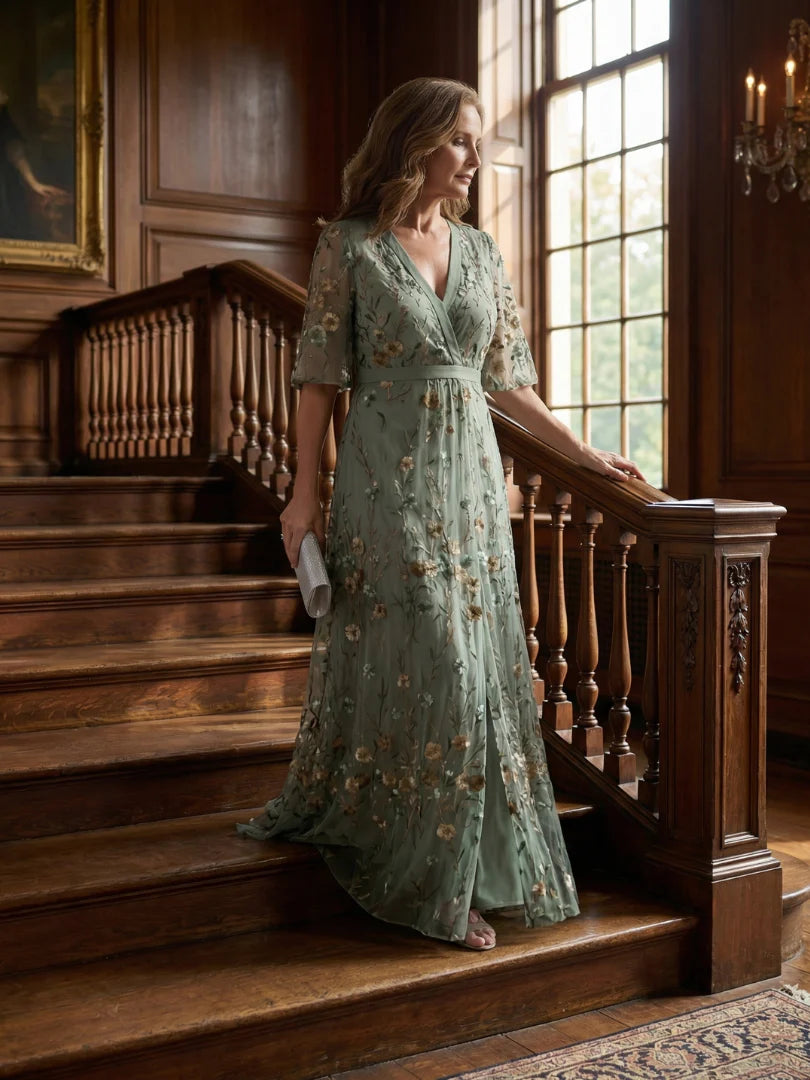Floral Embroidered V-Neck Maxi Dress with Gold Detail - Summer Wedding Guest Dress — fabric detail