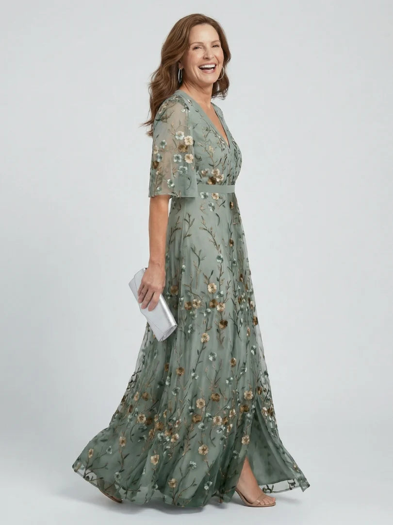 Floral Embroidered V-Neck Maxi Dress with Gold Detail - Summer Wedding Guest Dress — model wearing
