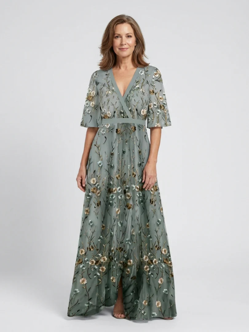 Floral Embroidered V-Neck Maxi Dress with Gold Detail - Summer Wedding Guest Dress — side view