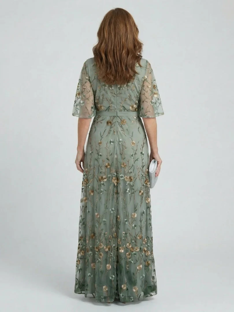 Floral Embroidered V-Neck Maxi Dress with Gold Detail - Summer Wedding Guest Dress — styling detail