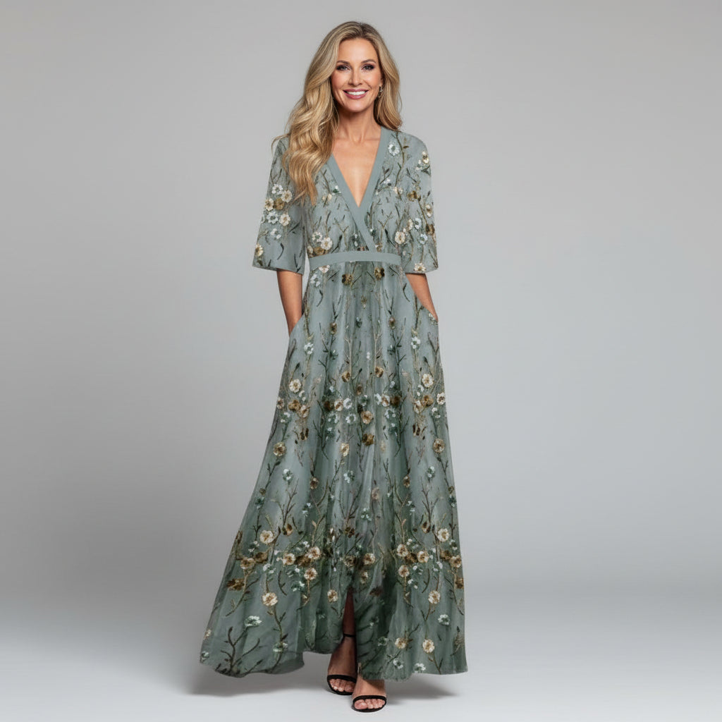 Floral Embroidered V-Neck Maxi Dress with Gold Detail - Summer Wedding Guest Dress