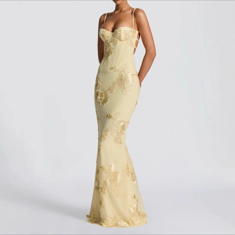 Floral Evening Dress – Elegant Backless Design for Wedding Guest or Special Occasions — back view