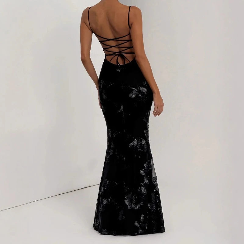 Floral Evening Dress – Elegant Backless Design for Wedding Guest or Special Occasions — close-up