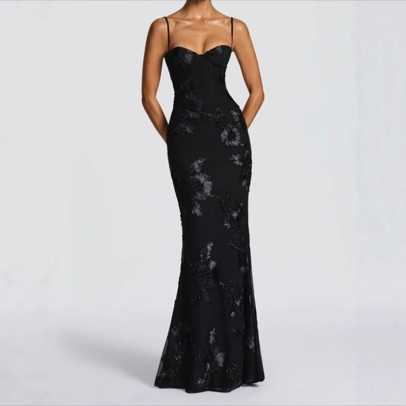 Floral Evening Dress – Elegant Backless Design for Wedding Guest or Special Occasions — model wearing