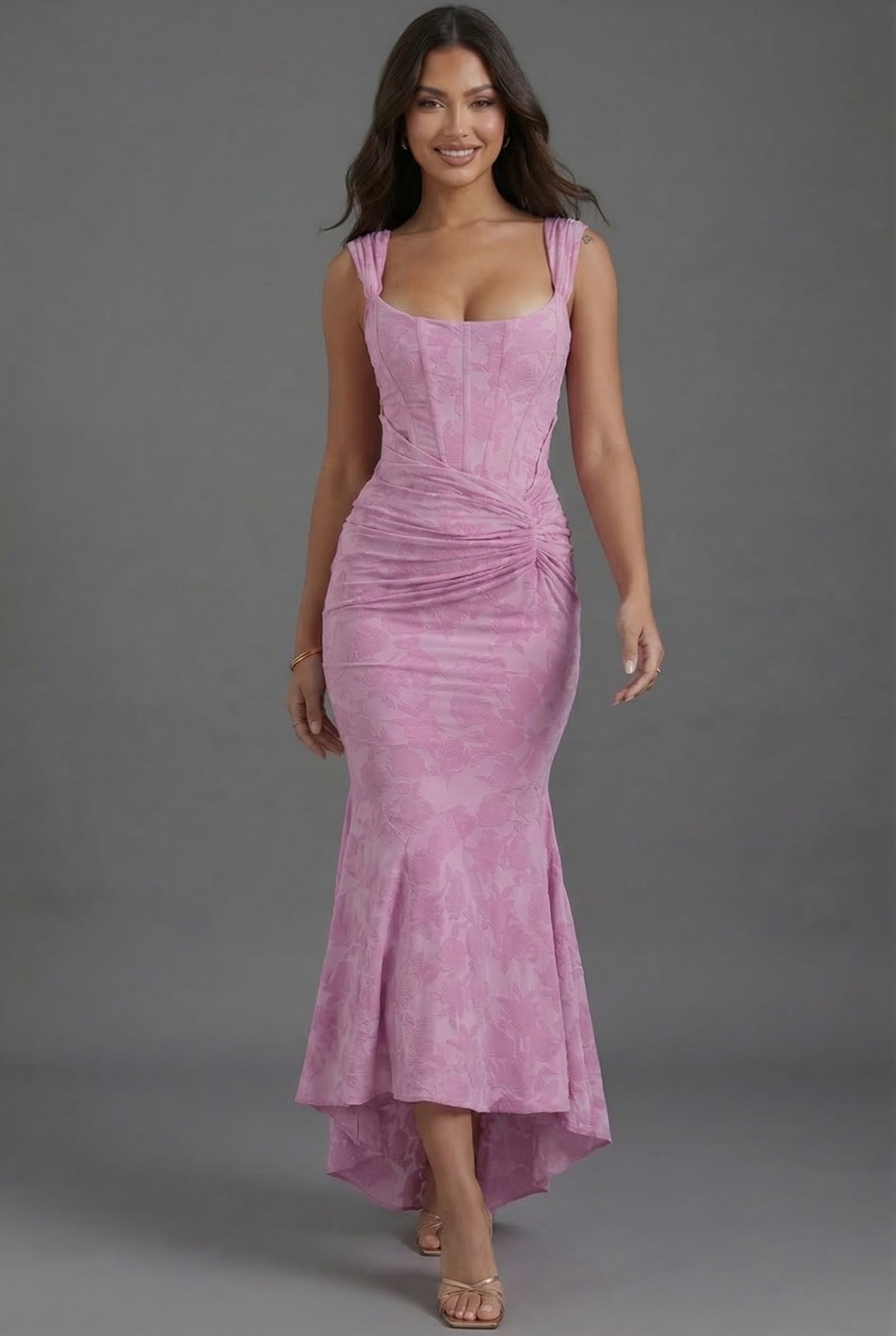 Floral Jacquard Corset Maxi Dress with Fishtail Hem — side view