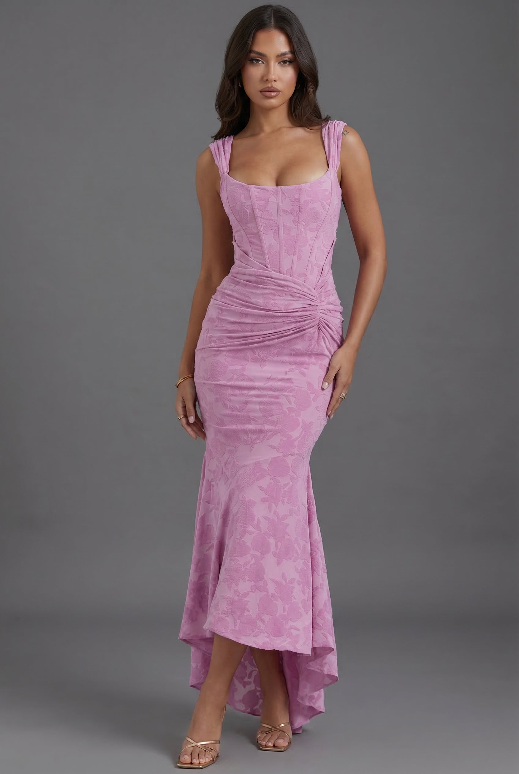 Floral Jacquard Corset Maxi Dress with Fishtail Hem