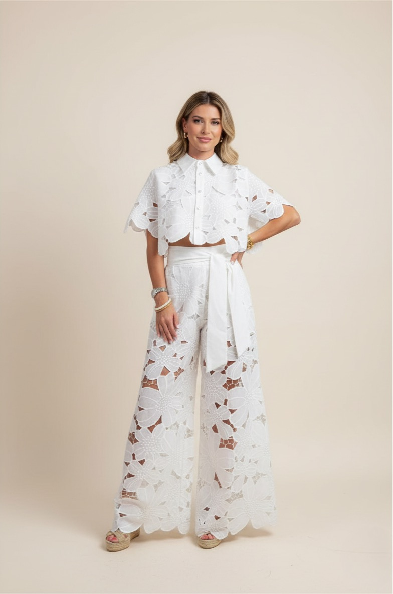 Floral Lace Cut Out Crop Top and Wide Leg Trousers Two-Piece Set