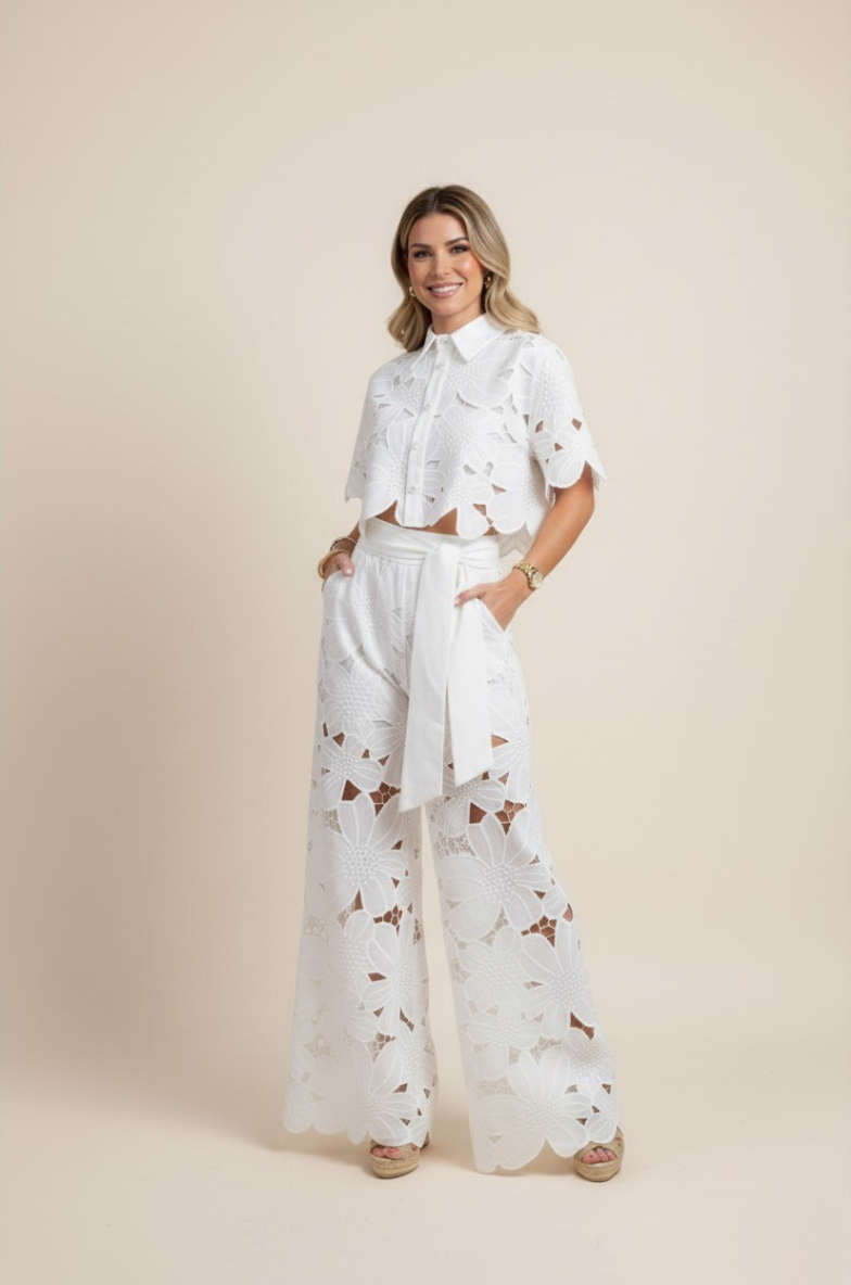 Floral Lace Cut Out Crop Top and Wide Leg Trousers Two-Piece Set