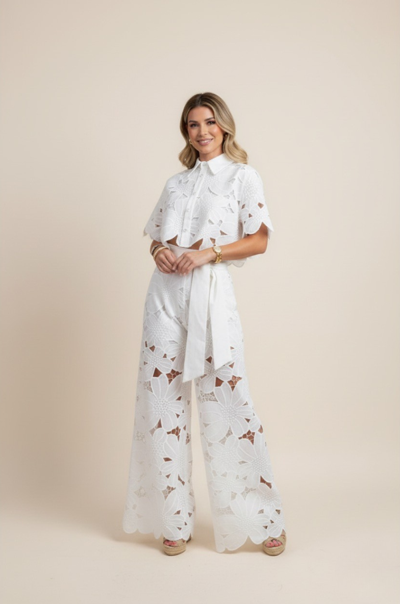 Floral Lace Cut Out Crop Top and Wide Leg Trousers Two-Piece Set