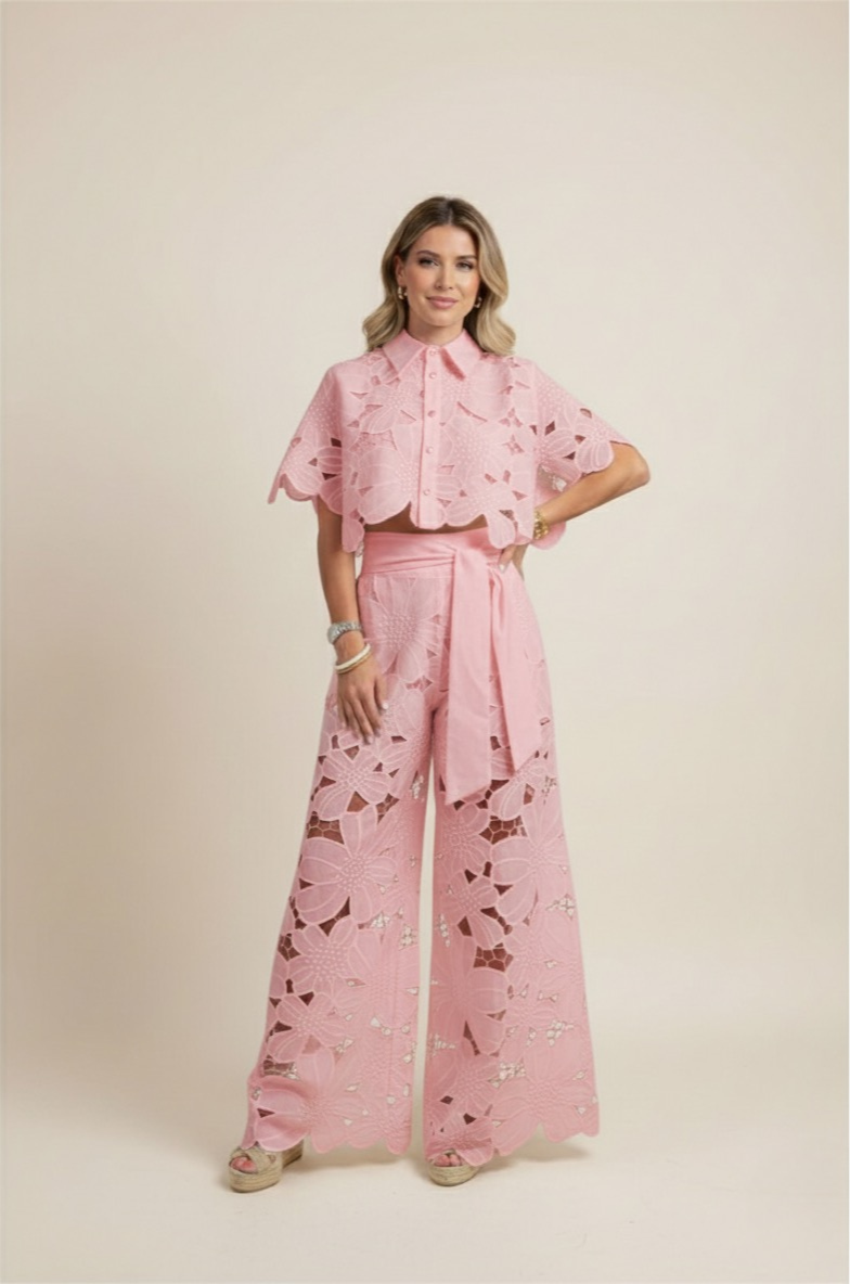 Floral Lace Cut Out Crop Top and Wide Leg Trousers Two-Piece Set