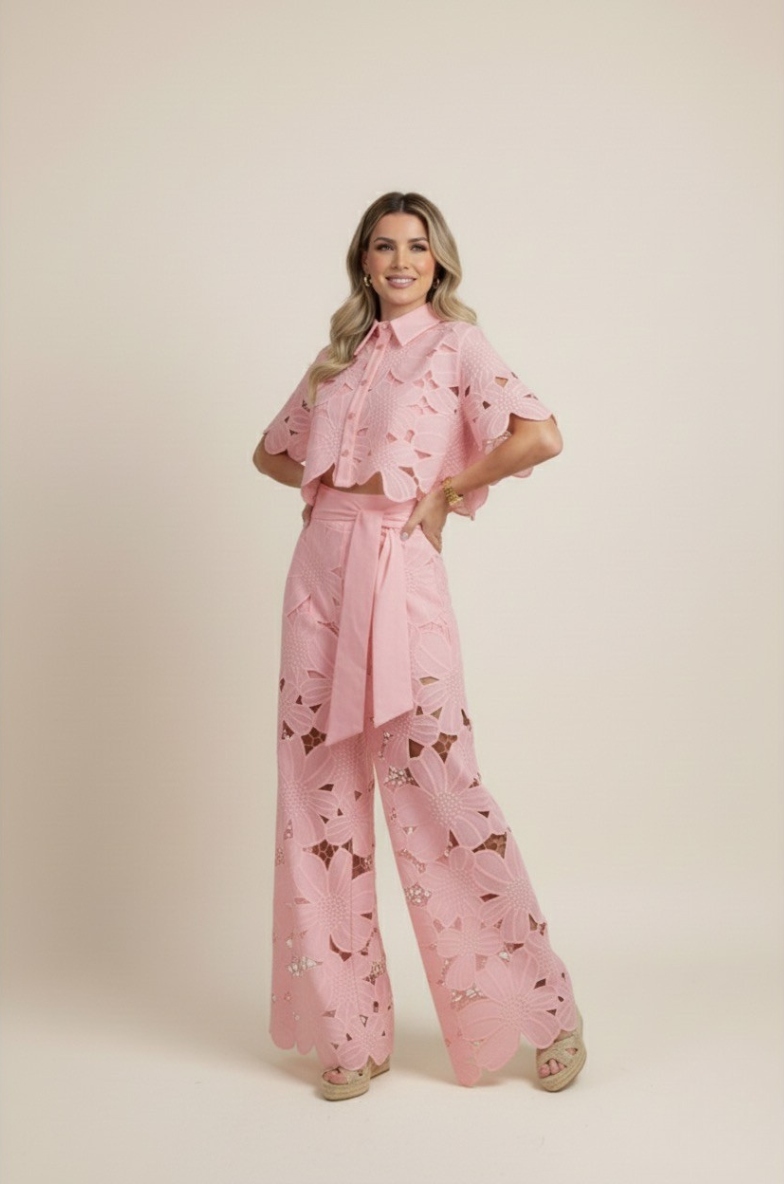 Floral Lace Cut Out Crop Top and Wide Leg Trousers Two-Piece Set