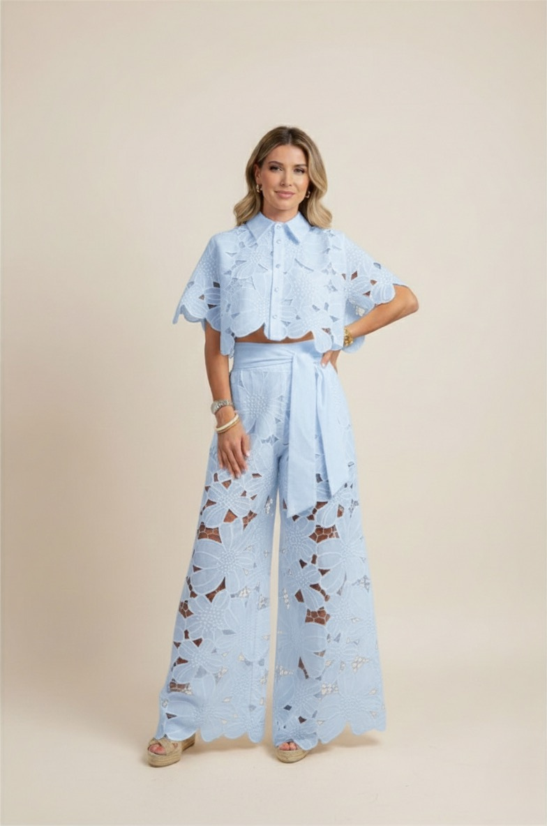 Floral Lace Cut Out Crop Top and Wide Leg Trousers Two-Piece Set