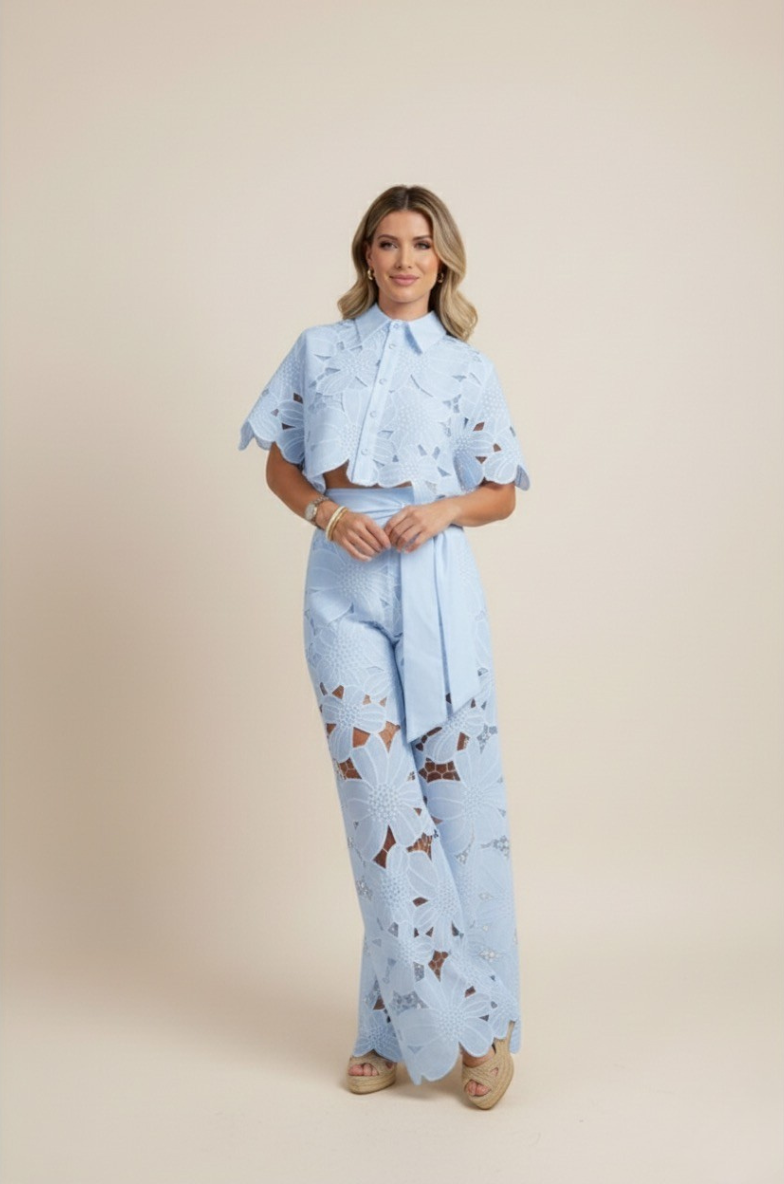 Floral Lace Cut Out Crop Top and Wide Leg Trousers Two-Piece Set