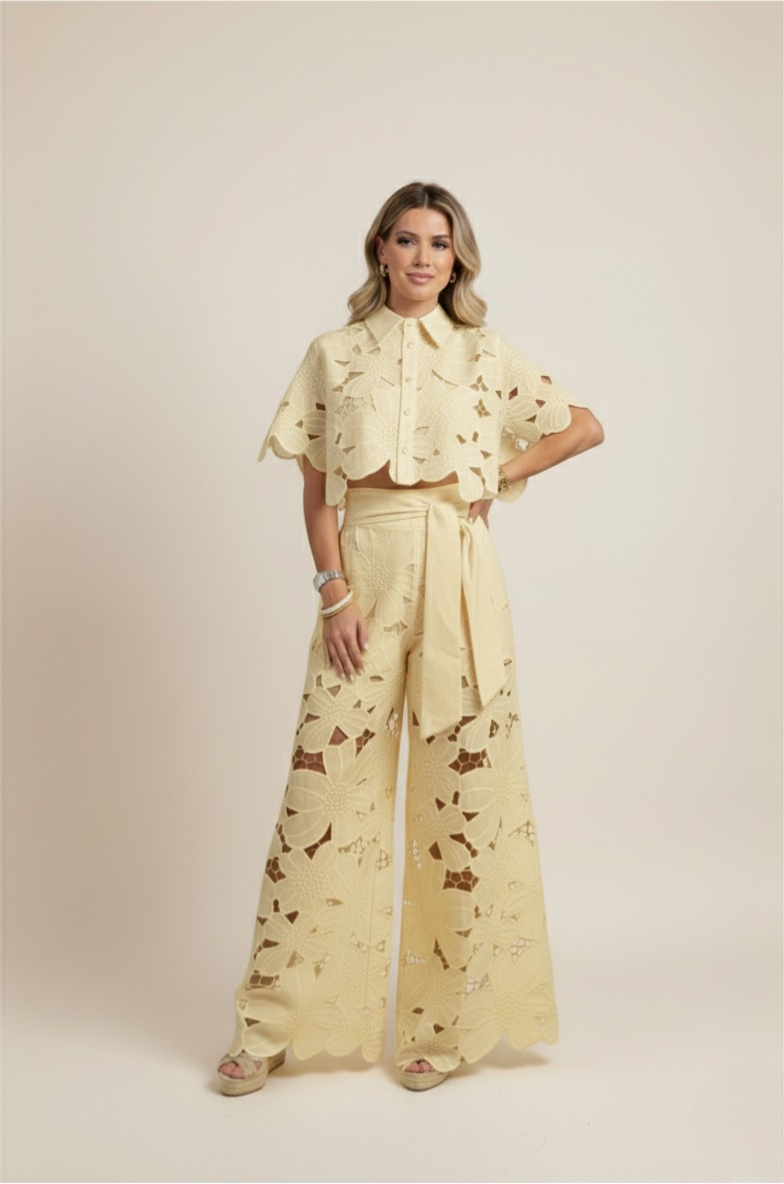 Floral Lace Cut Out Crop Top and Wide Leg Trousers Two-Piece Set