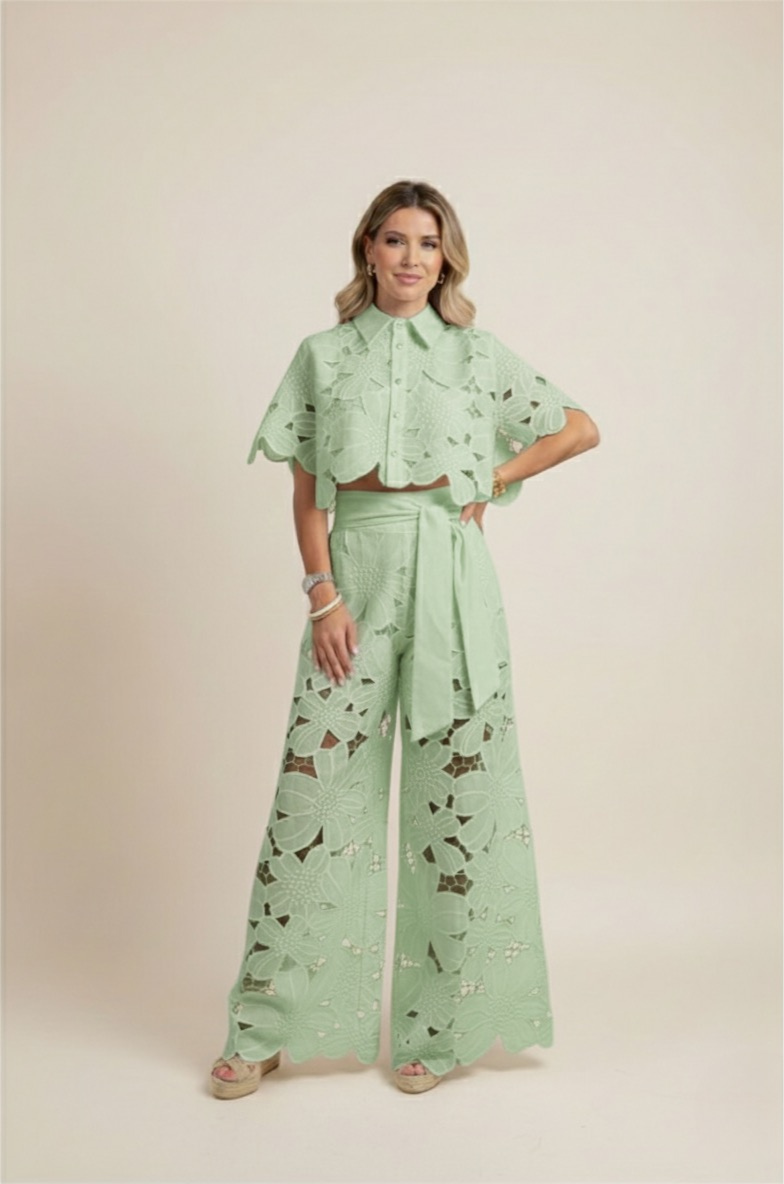 Floral Lace Cut Out Crop Top and Wide Leg Trousers Two-Piece Set