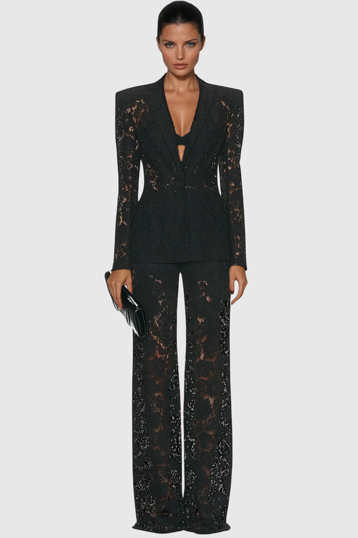 Floral Lace Tailored Blazer and Wide Leg Trousers Two-Piece Set
