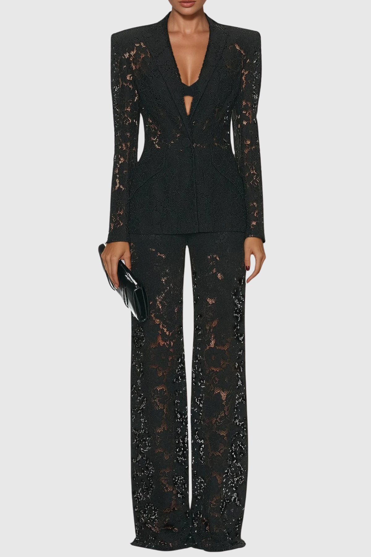 Floral Lace Tailored Blazer and Wide Leg Trousers Two-Piece Set
