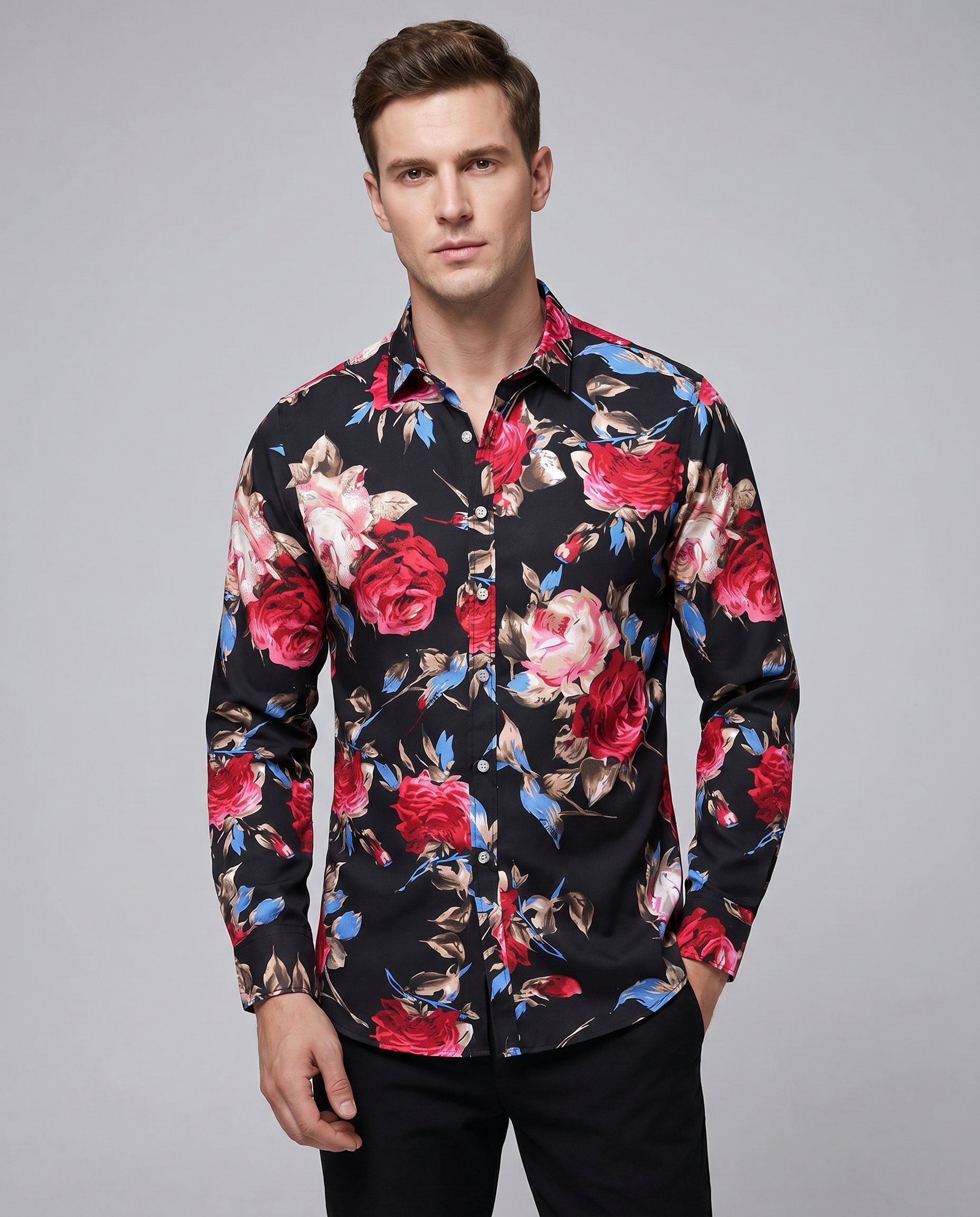 Floral Long Sleeve Stylish Shirt for Men — back view