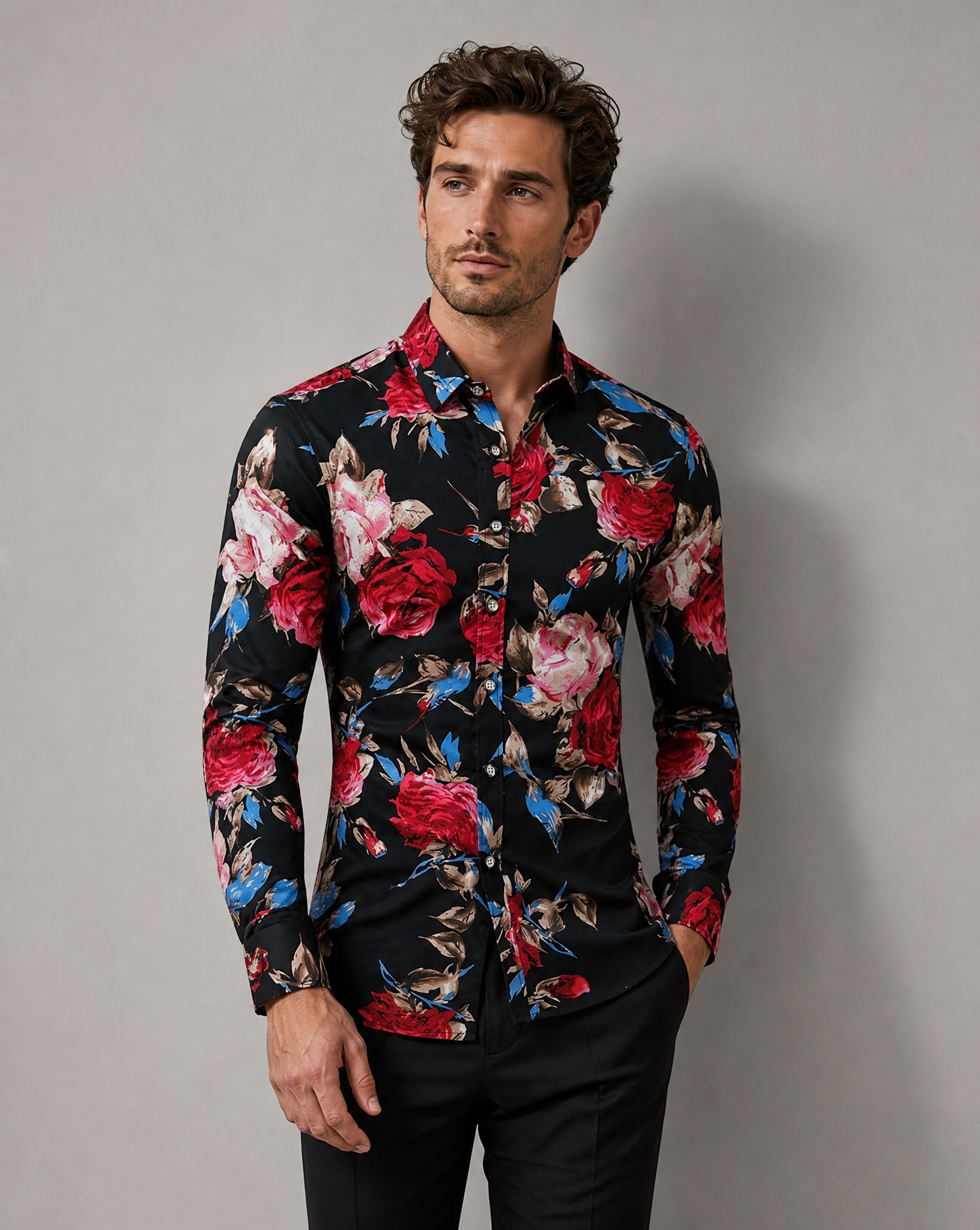 Floral Long Sleeve Stylish Shirt for Men — side view