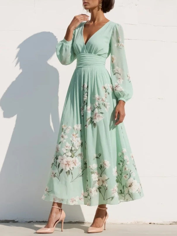 Floral Long Sleeve V-Neck Pleated Midi Dress — back view
