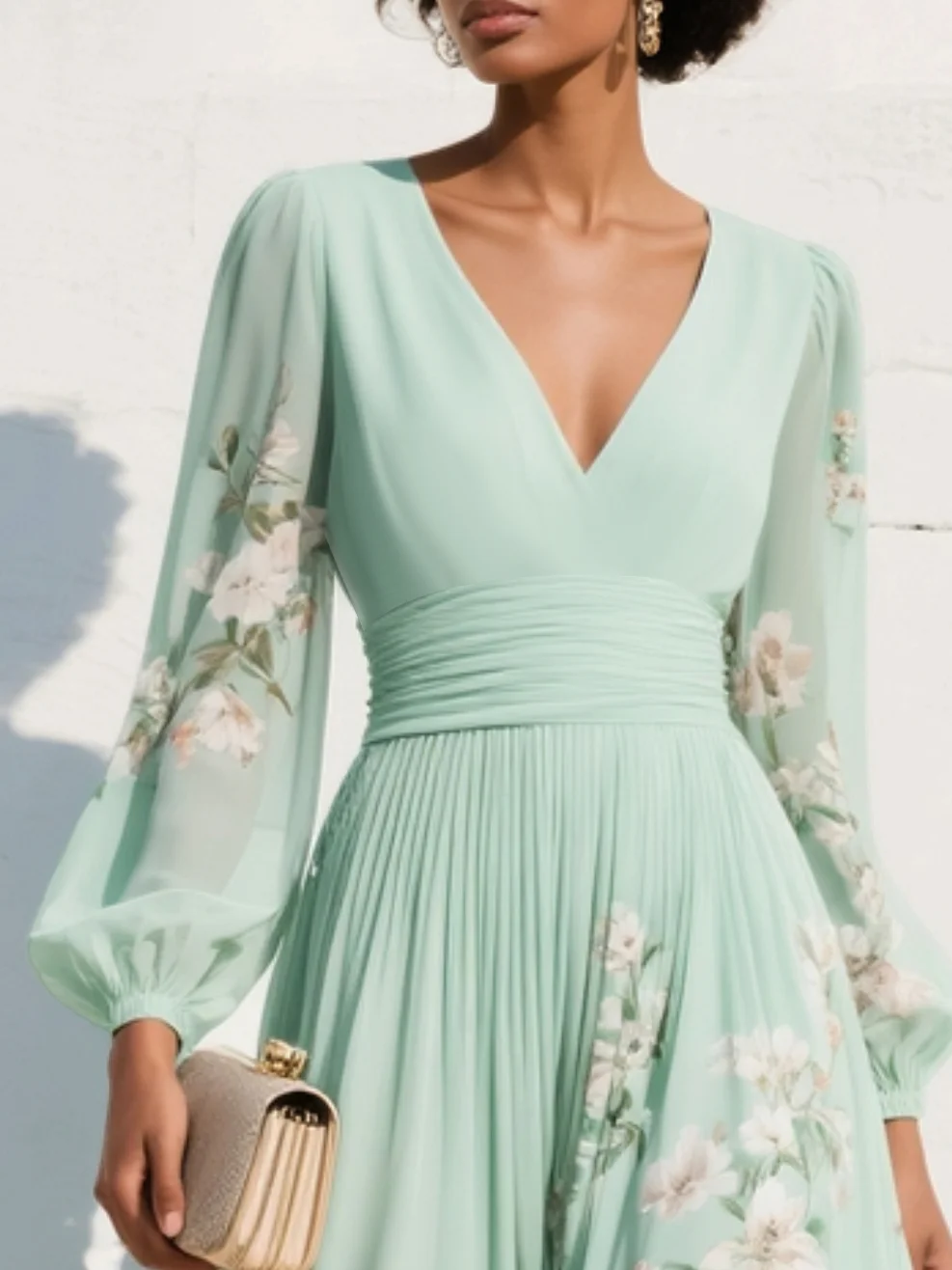 Floral Long Sleeve V-Neck Pleated Midi Dress — detail view