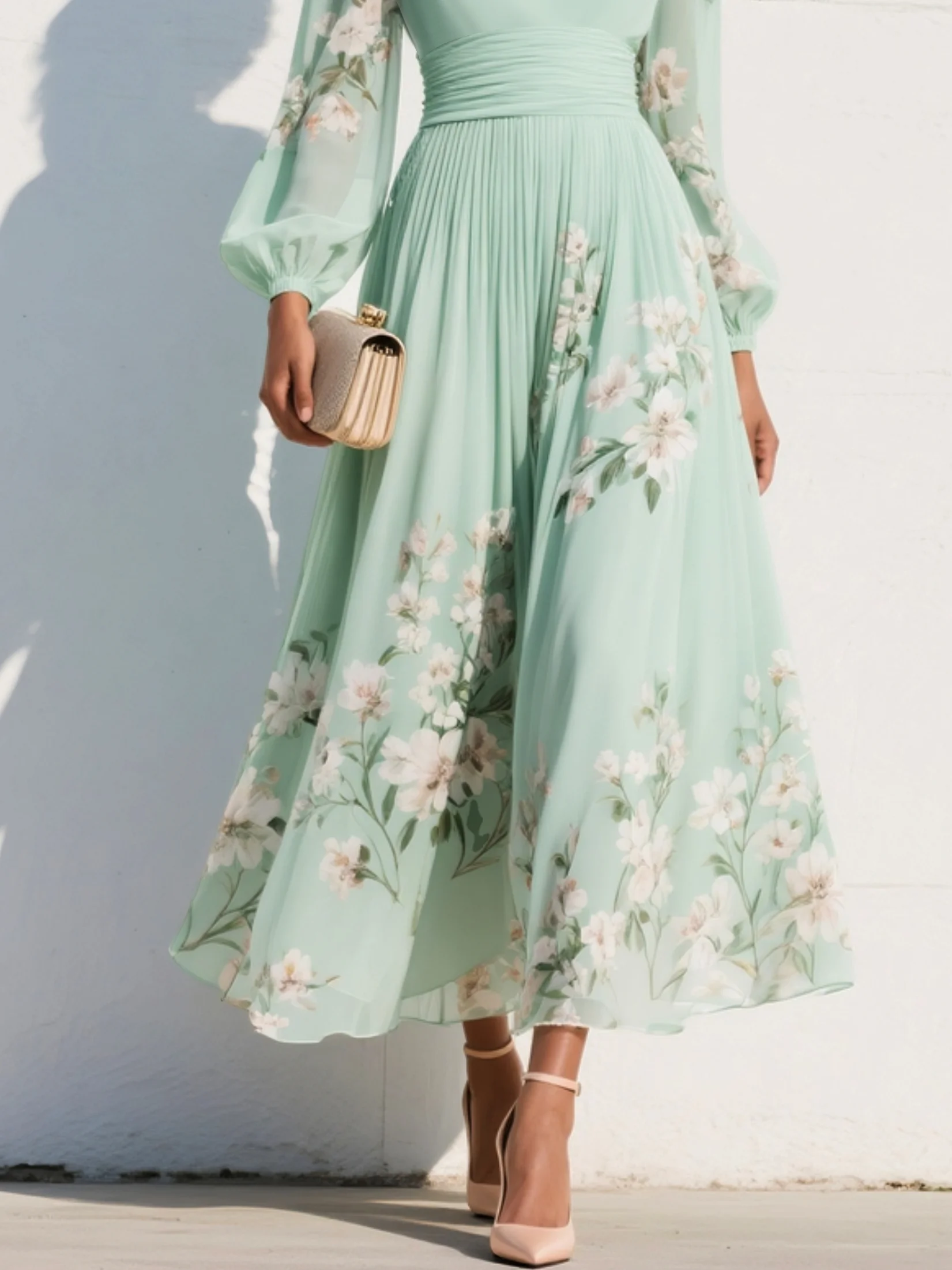 Floral Long Sleeve V-Neck Pleated Midi Dress — model wearing