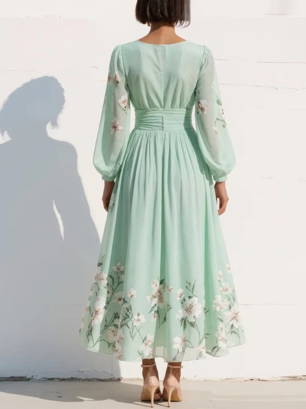 Floral Long Sleeve V-Neck Pleated Midi Dress — side view