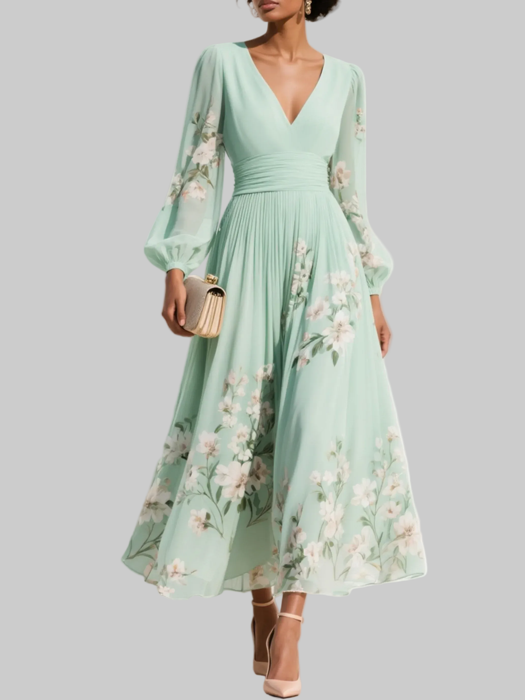 Floral Long Sleeve V-Neck Pleated Midi Dress