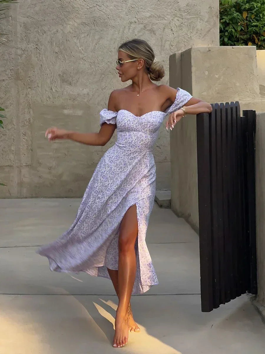Floral Off Shoulder Dress – Stylish Summer Evening Outfit — front close-up