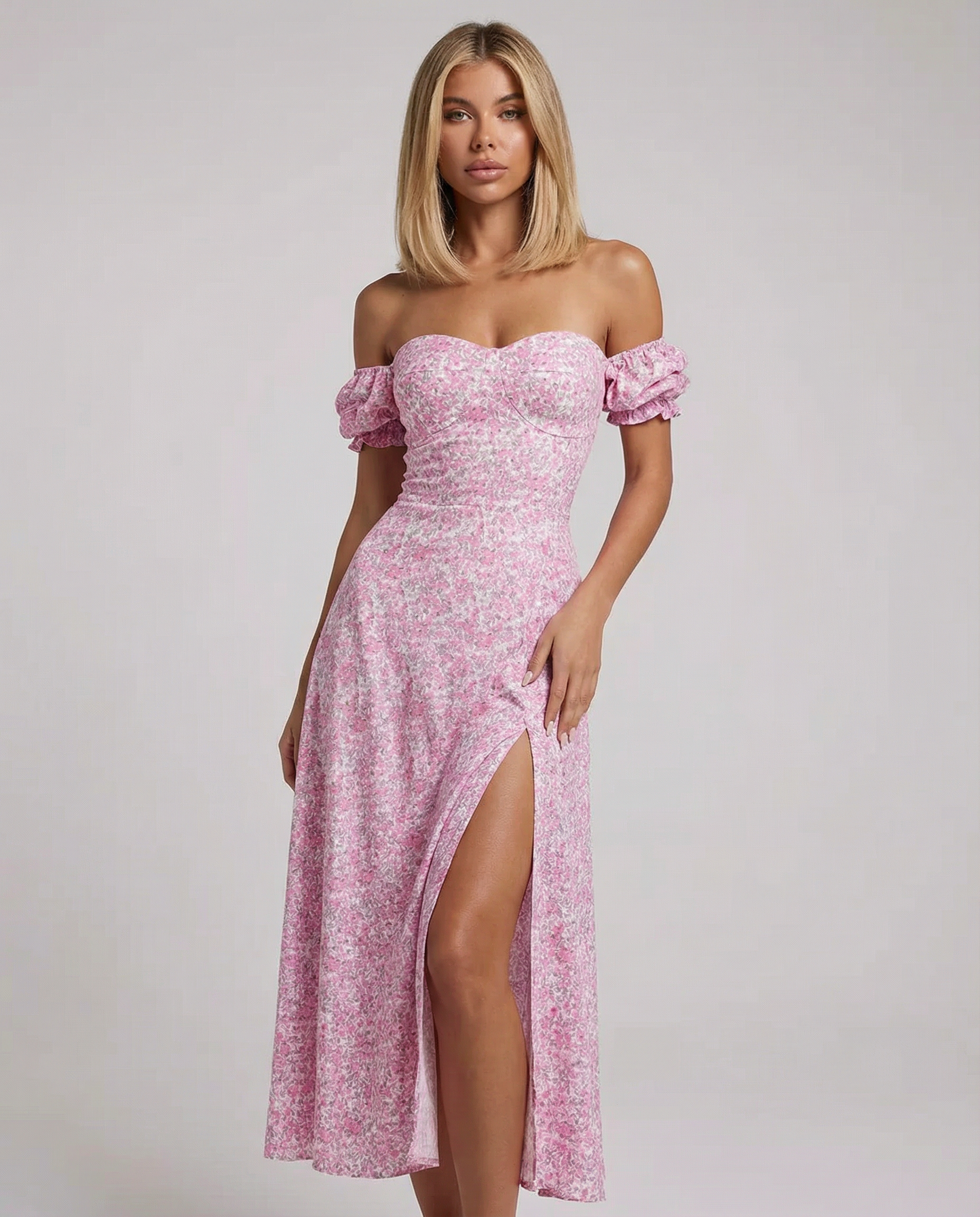 Floral Off Shoulder Dress – Stylish Summer Evening Outfit — side view