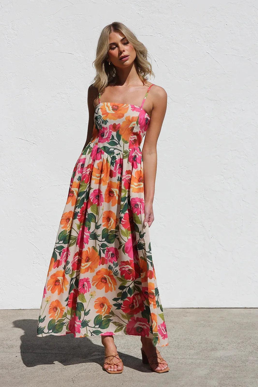 Floral Print A-Line Dress – Chic Spaghetti Strap Summer Outfit — alternative angle
