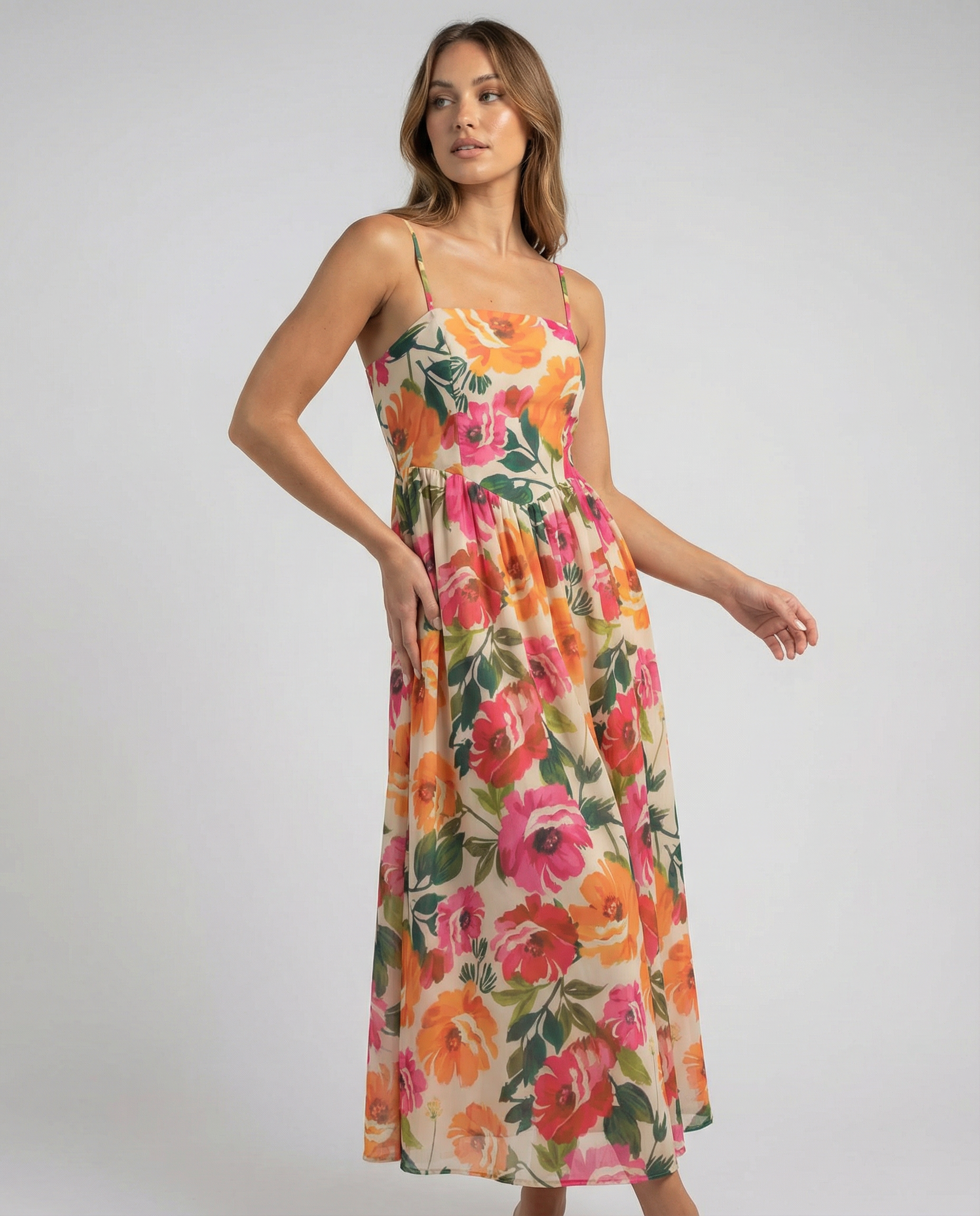 Floral Print A-Line Dress – Chic Spaghetti Strap Summer Outfit — back view
