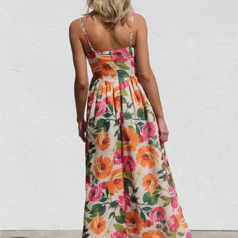 Floral Print A-Line Dress – Chic Spaghetti Strap Summer Outfit — close-up