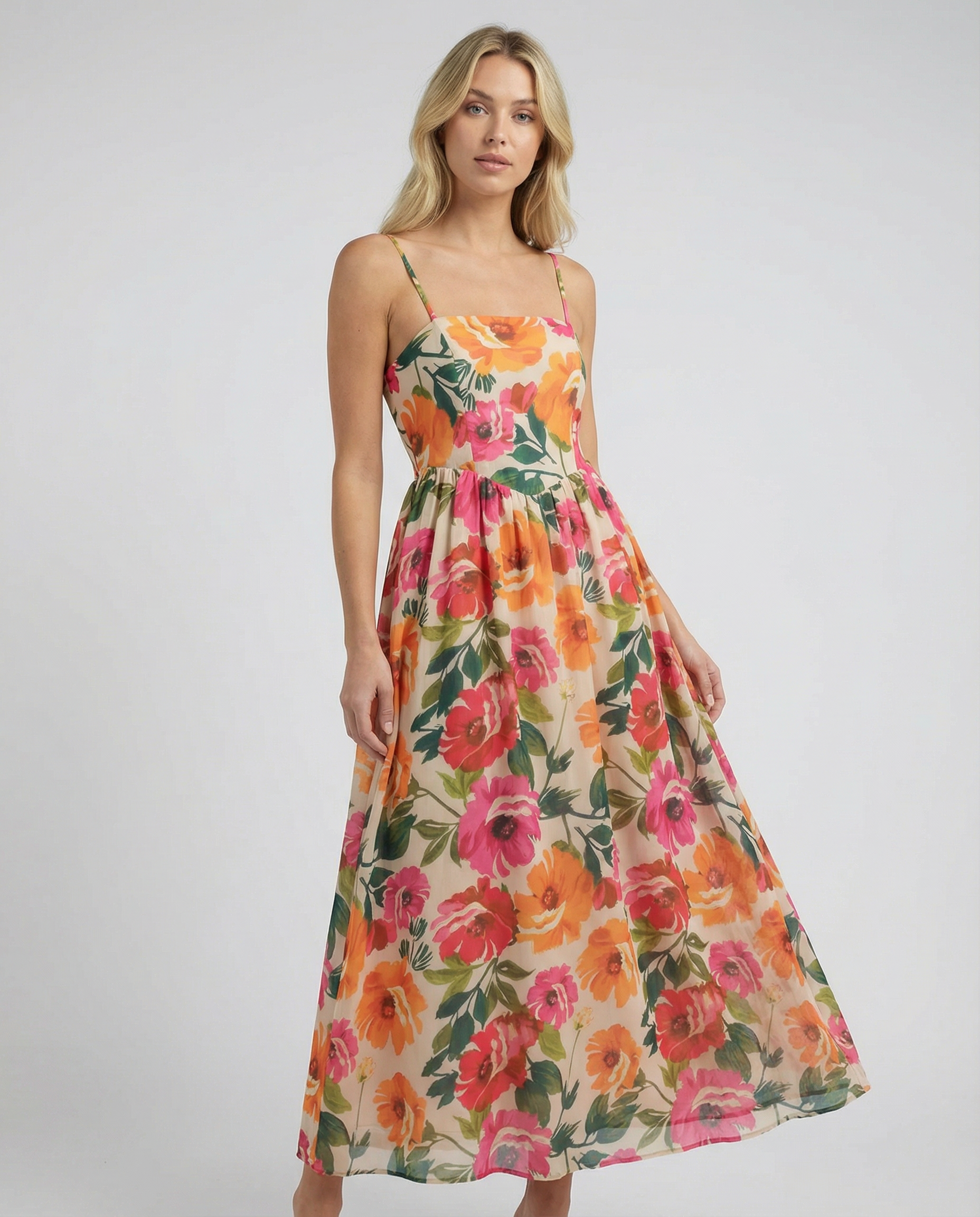 Floral Print A-Line Dress – Chic Spaghetti Strap Summer Outfit — detail view