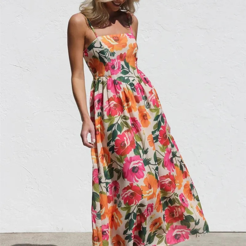 Floral Print A-Line Dress – Chic Spaghetti Strap Summer Outfit — model wearing
