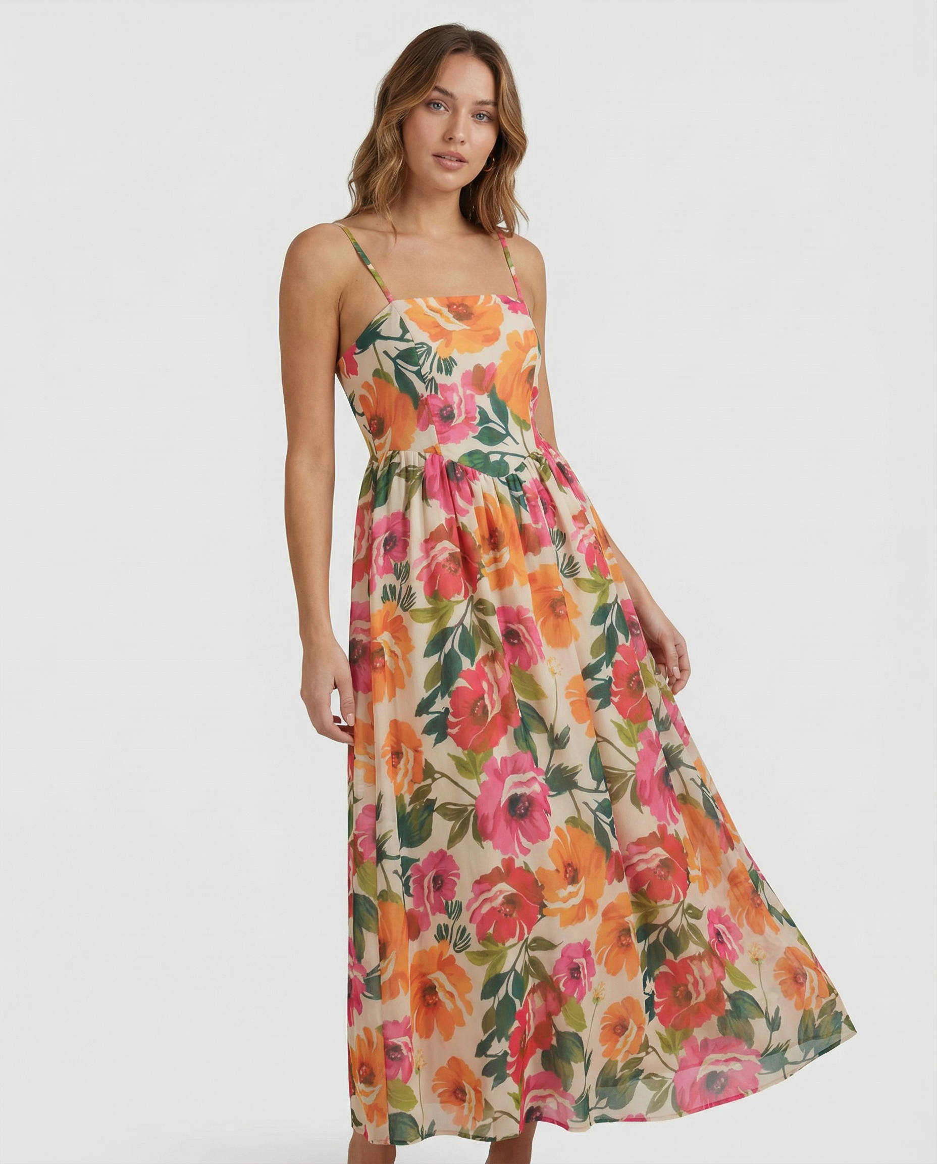 Floral Print A-Line Dress – Chic Spaghetti Strap Summer Outfit — side view