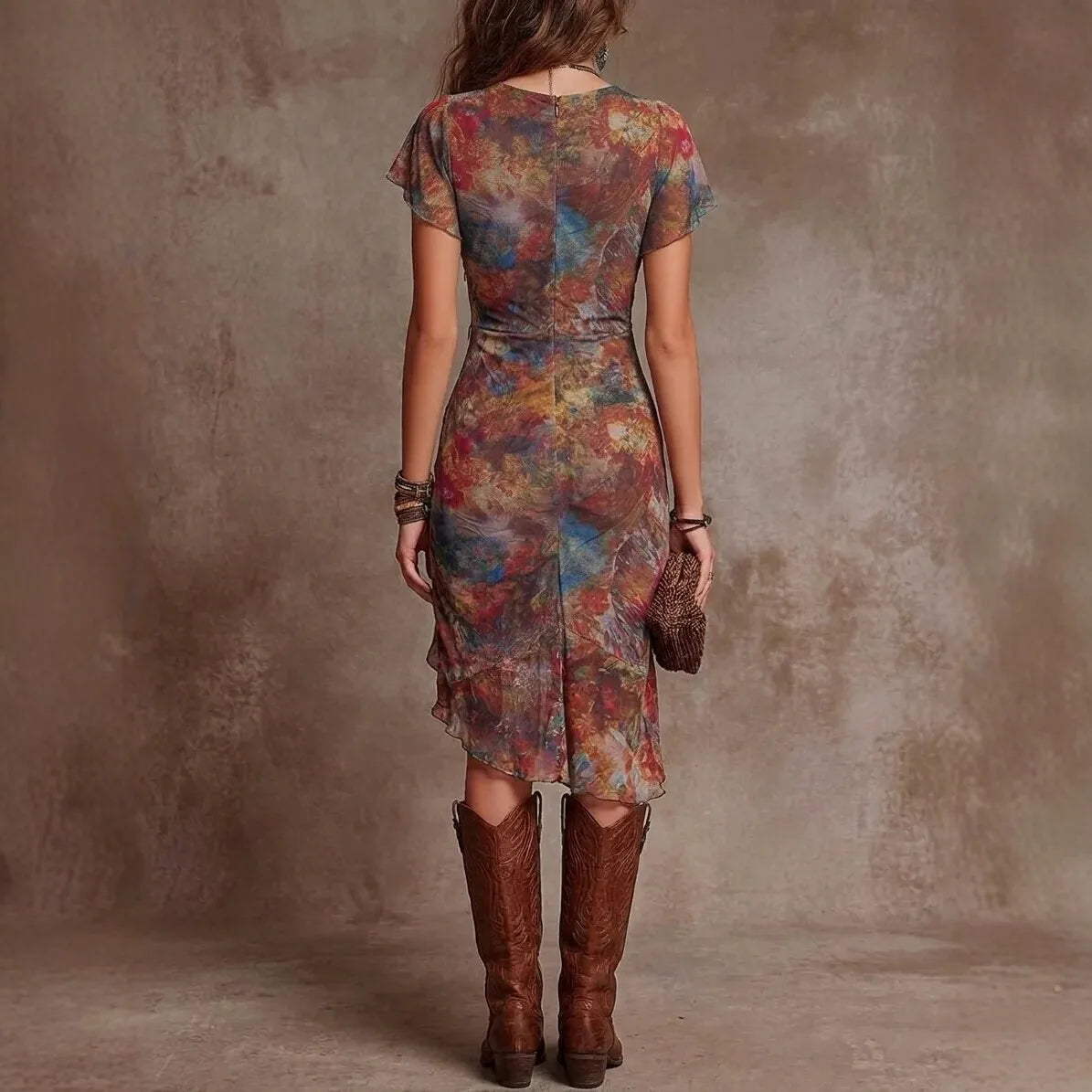Floral Print Bodycon Dress – Elegant V-Neck Summer Outfit — back view