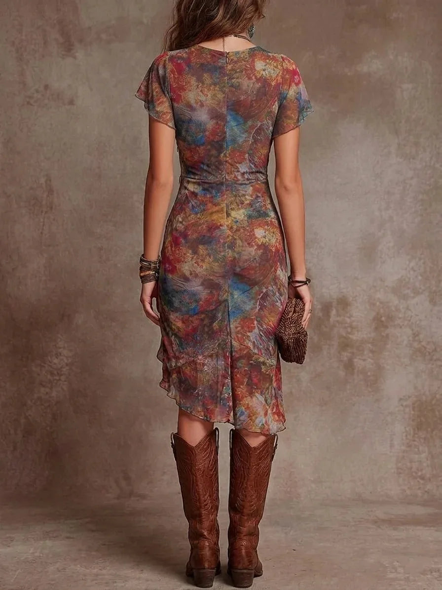 Floral Print Bodycon Dress – Elegant V-Neck Summer Outfit — close-up