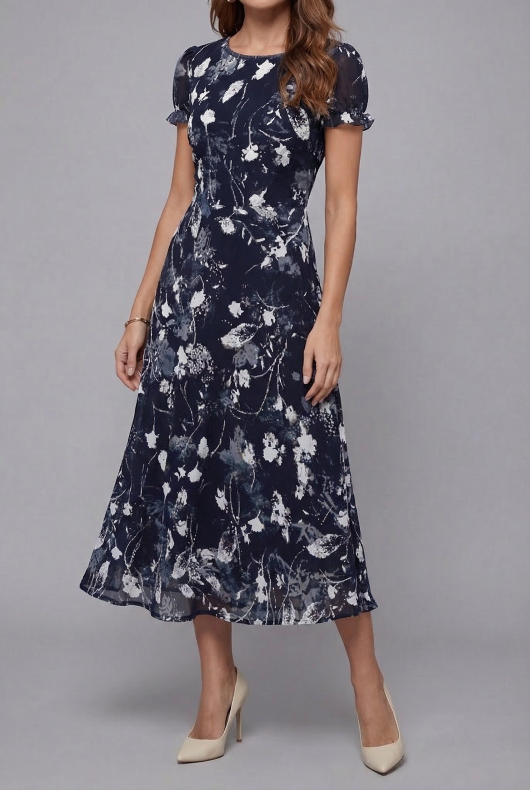 Floral Print Crew Neck Short Sleeve Chiffon Midi Dress for Women — back view