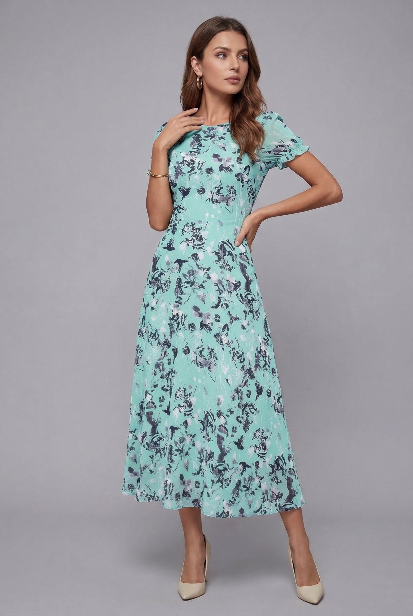 Floral Print Crew Neck Short Sleeve Chiffon Midi Dress for Women — detail view
